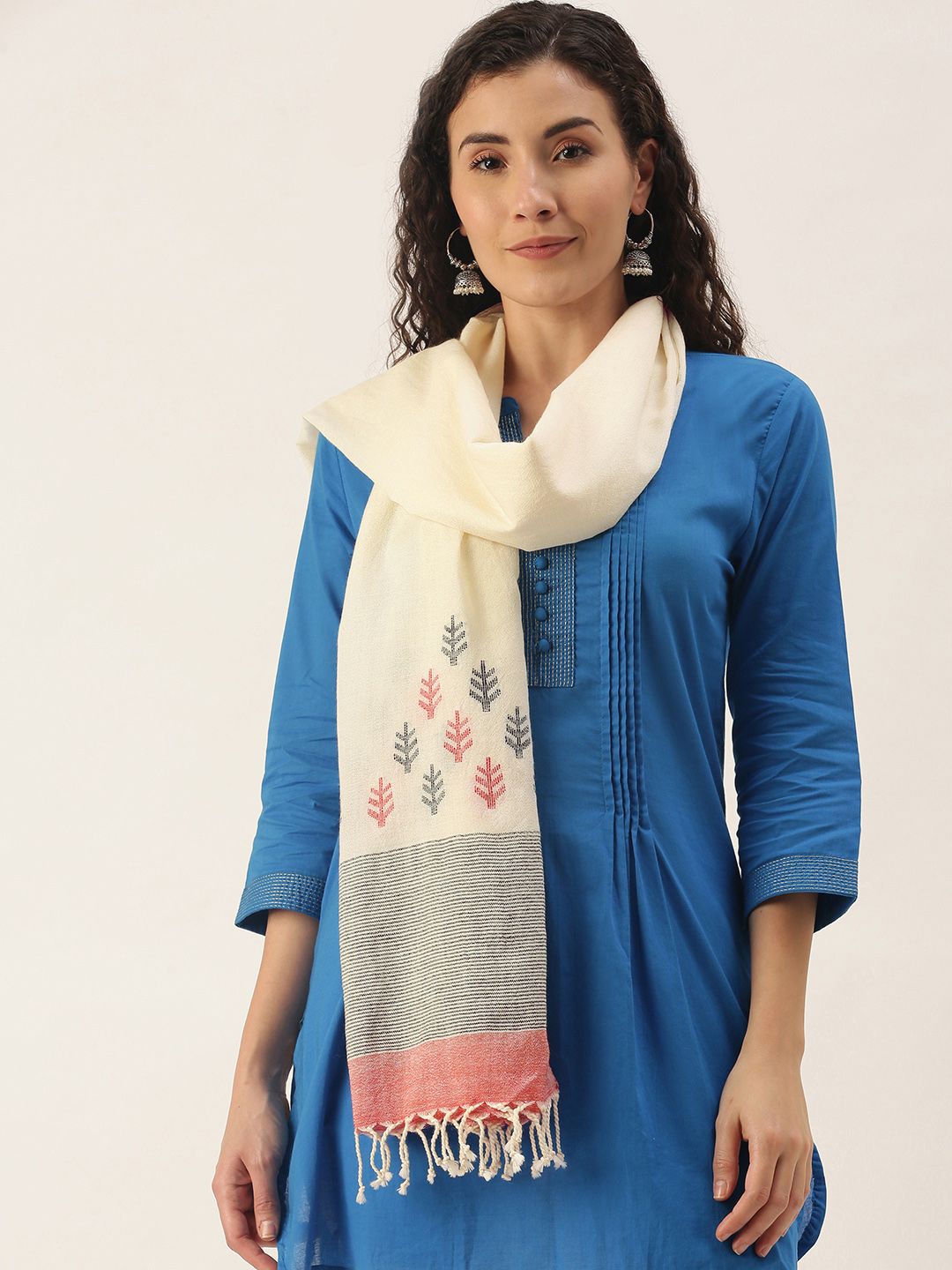 Women's Off- White & Red Handloom Merino Wool Jamdani Stole Price in India