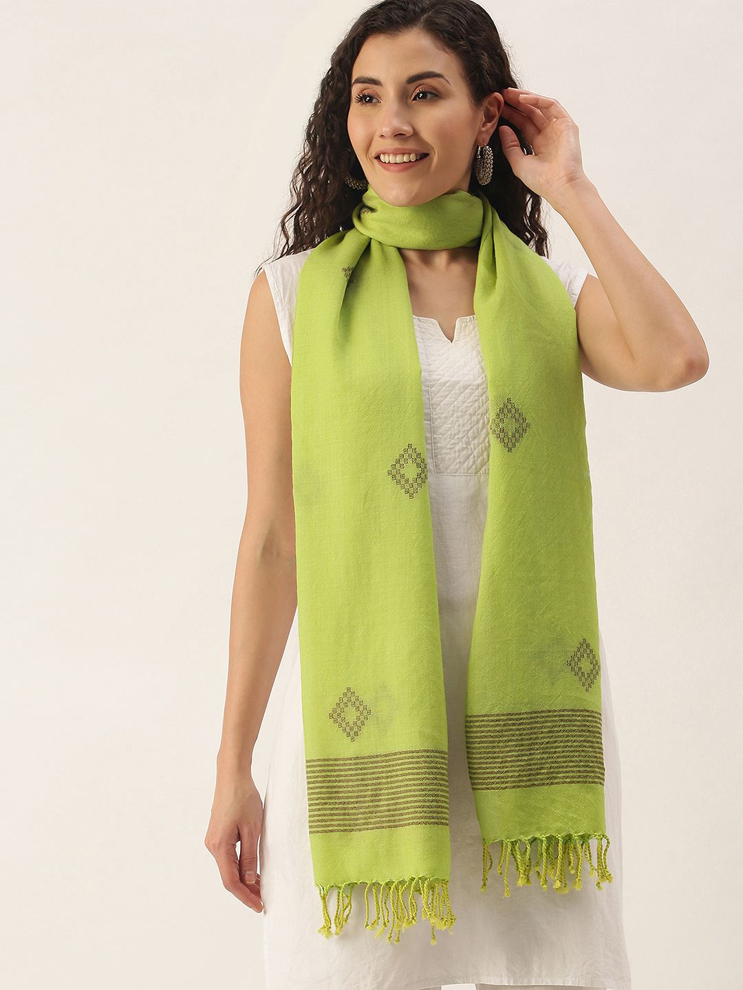 Women's Lime Green Merino Wool Handloom Jamdani Stole Price in India