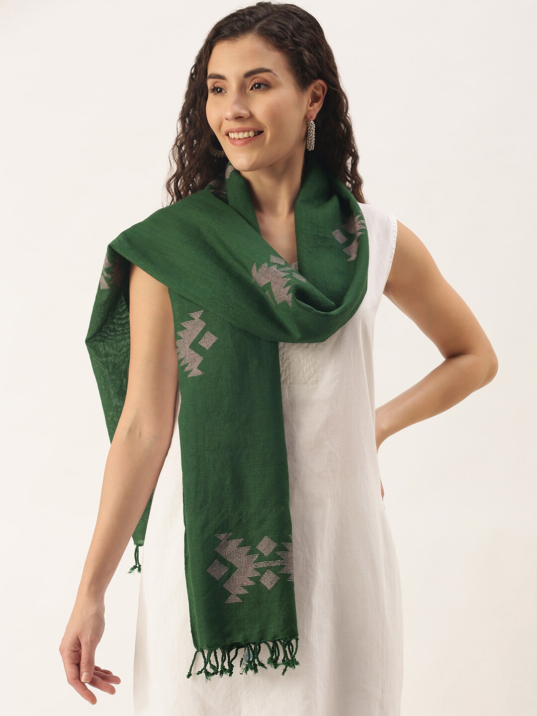 Women's Green Merino Wool Handloom Jamdani Stole Price in India