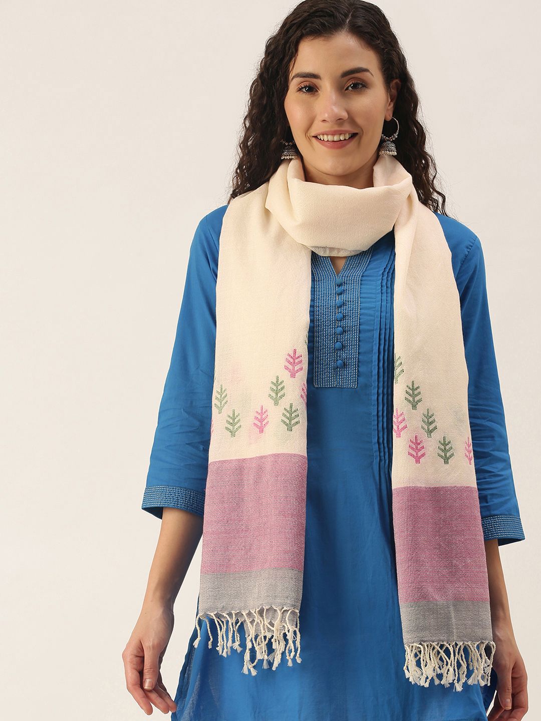 Women's Off -White & Mauve Handloom Merino Wool Jamdani Stole Price in India