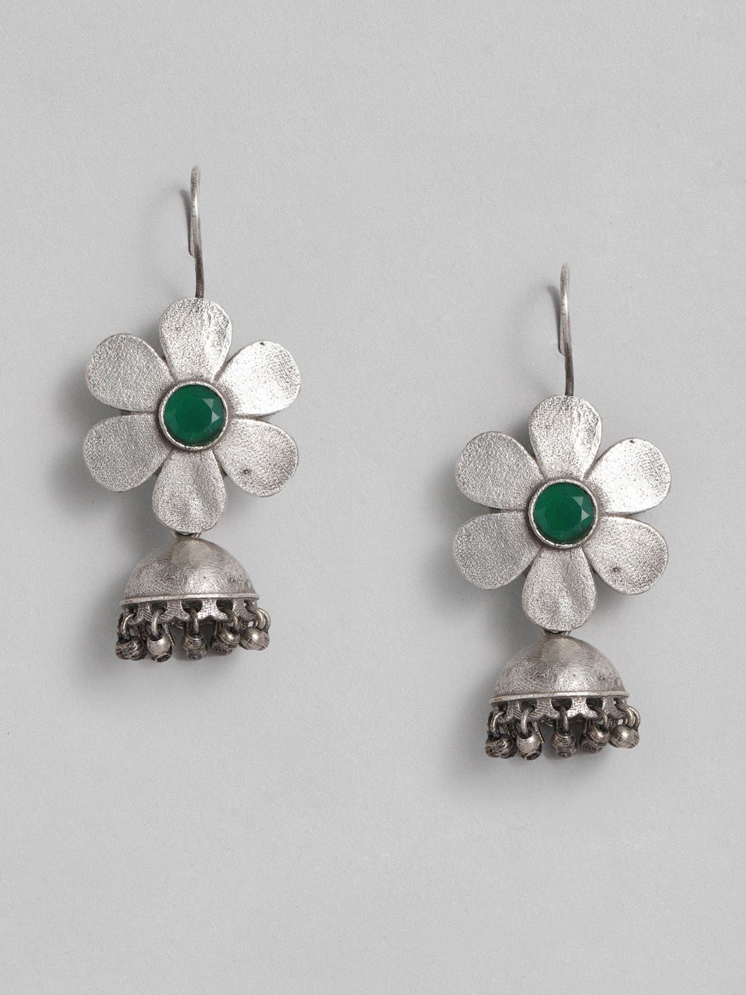EL REGALO Green & Oxidised Silver-Toned Floral Shaped Stone Studded Jhumkas Price in India
