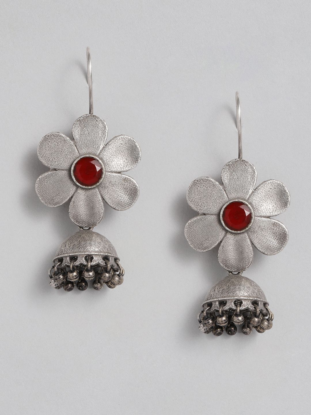 EL REGALO Red & Oxidised Silver-Toned Floral Shaped Stone Studded Jhumkas Price in India