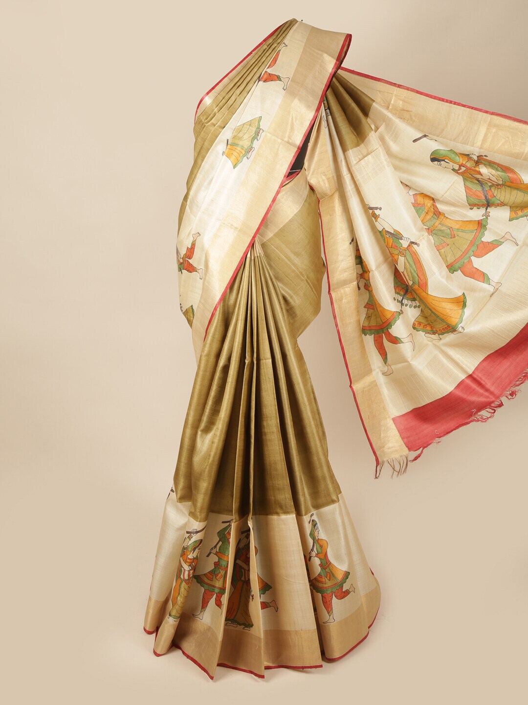 Pothys Gold-Toned & White Ethnic Motifs Zari Pure Silk Saree Price in India