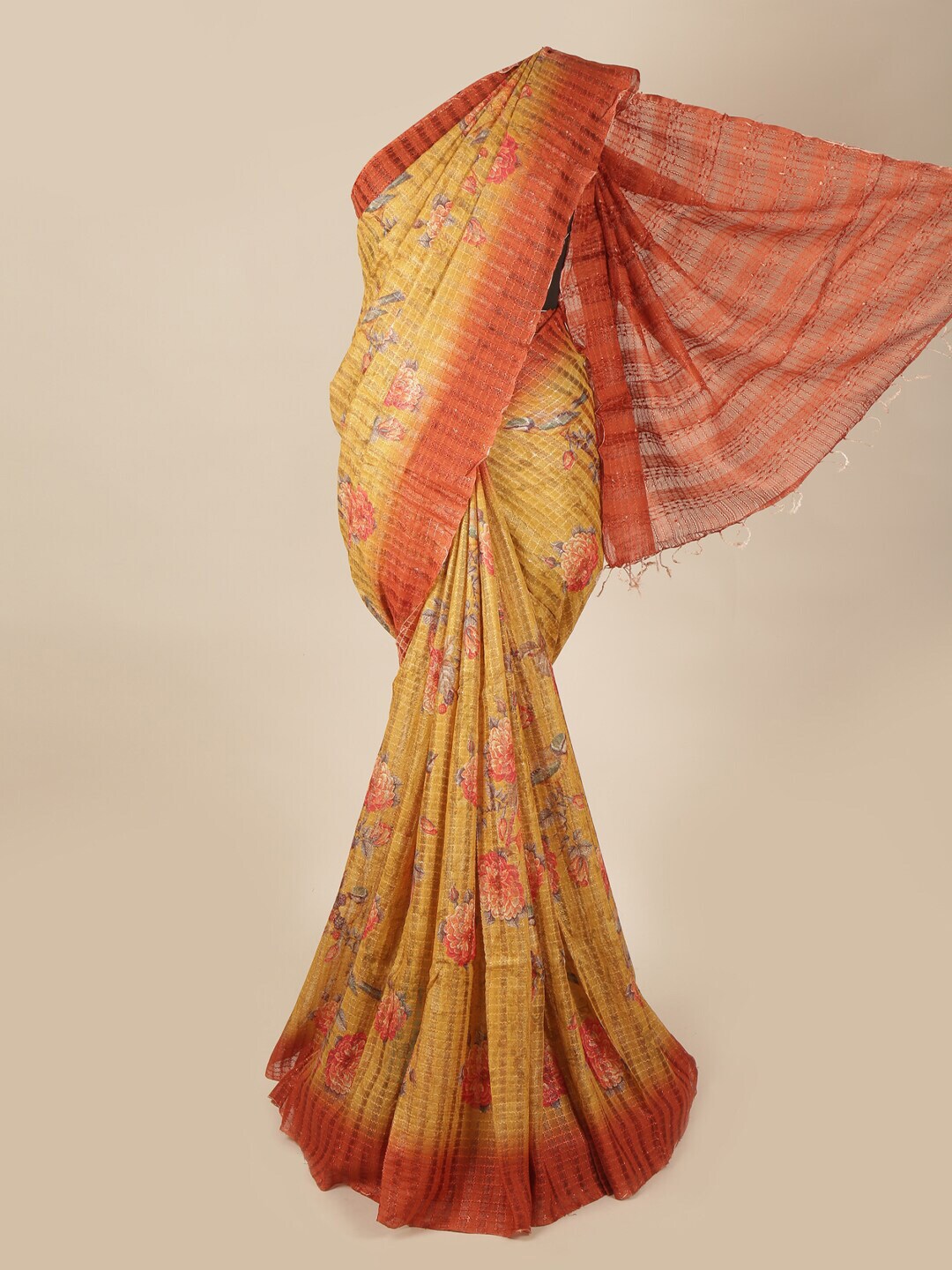 Pothys Mustard & Red Floral Printed Pure Silk Saree Price in India