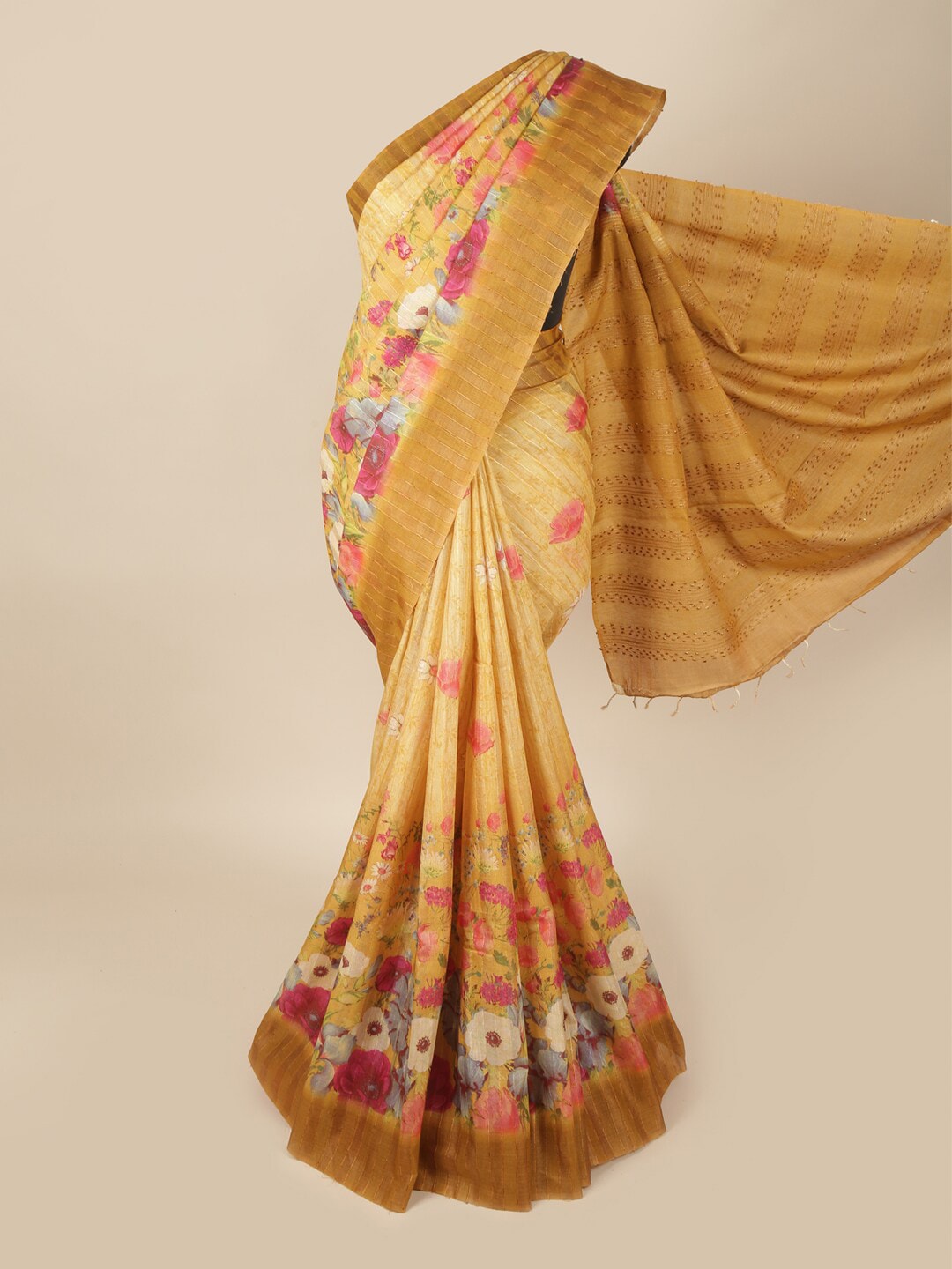 Pothys Yellow & Pink Floral Pure Silk Saree Price in India