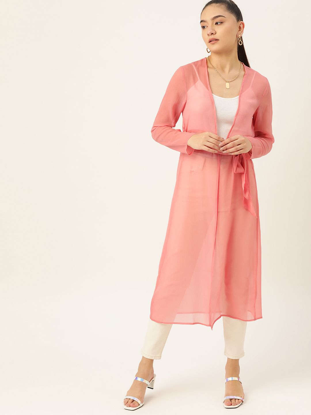 DressBerry Women Pink Sheer Longline Shrug with Belt Price in India