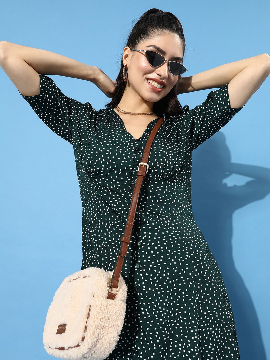 plusS Women Gorgeous Green Polka-Dotted Dress Price in India