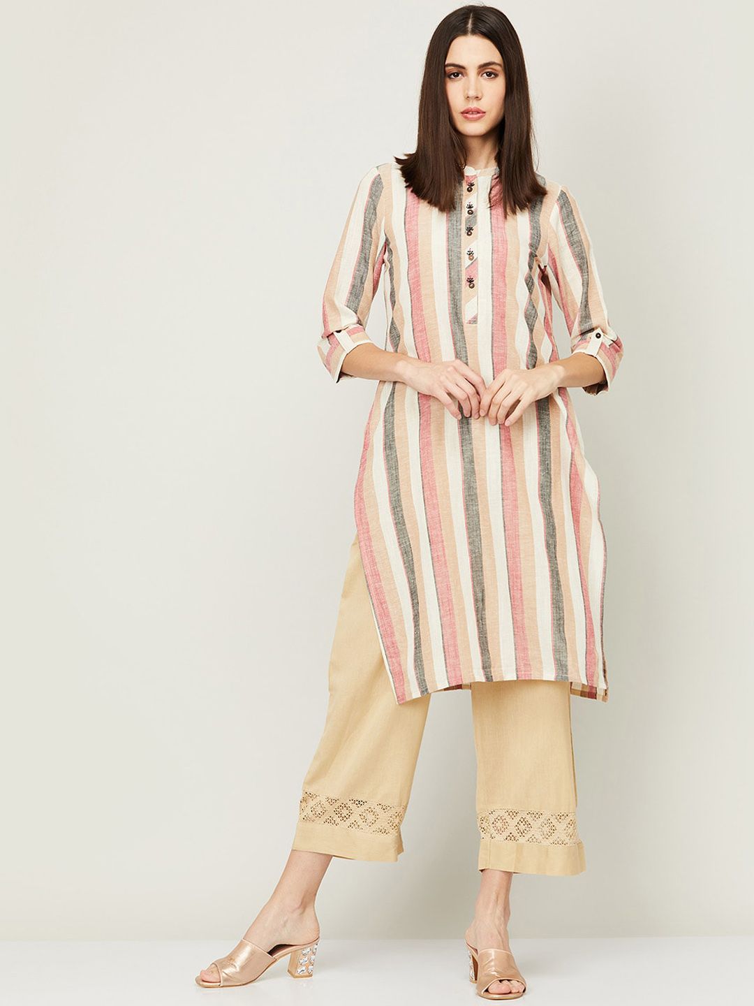 Melange by Lifestyle Women Off White & Pink Striped Cotton Kurta Price in India