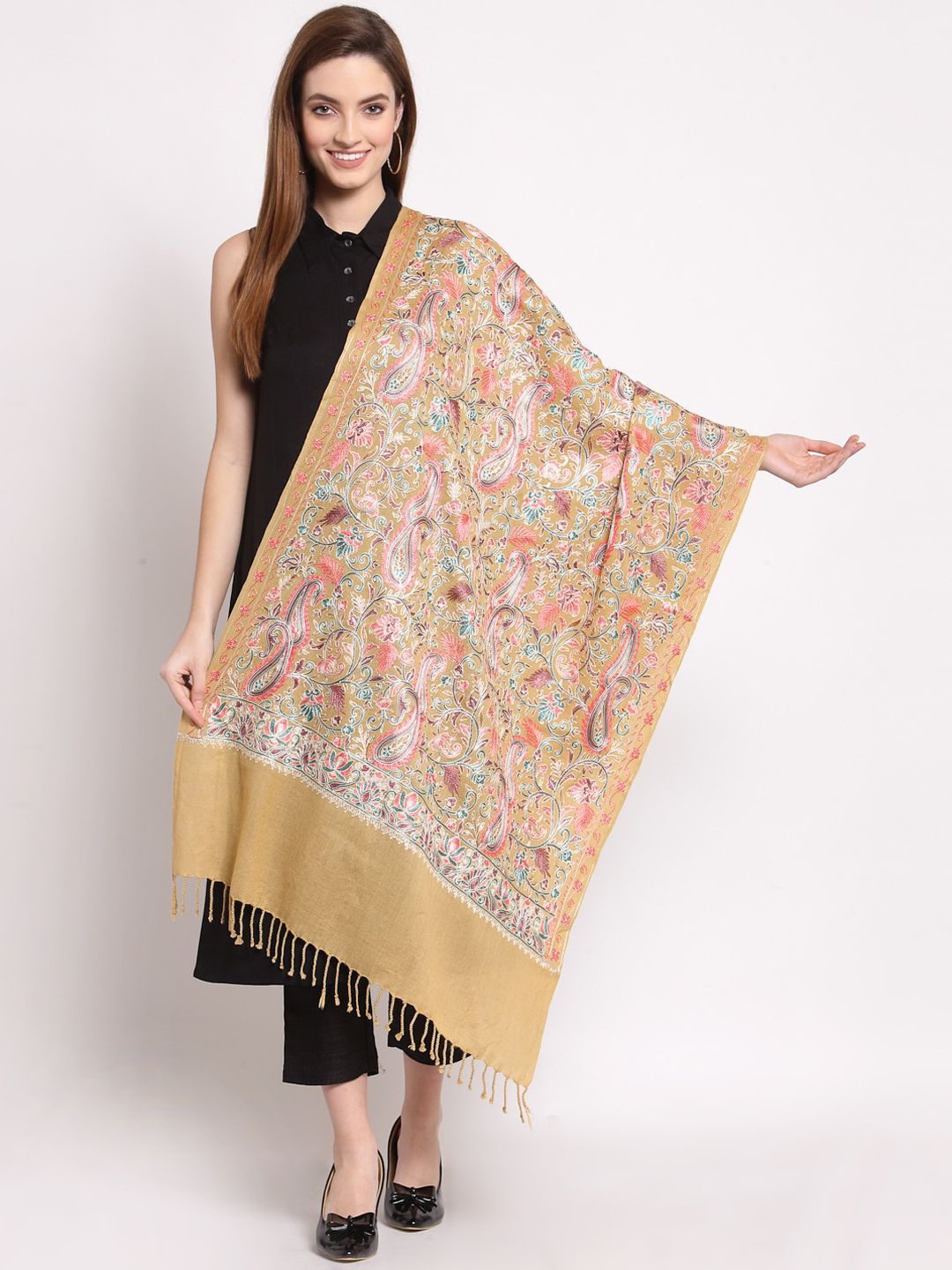Anekaant Women Beige & Pink Embroidered Woolen Shawl Price in India