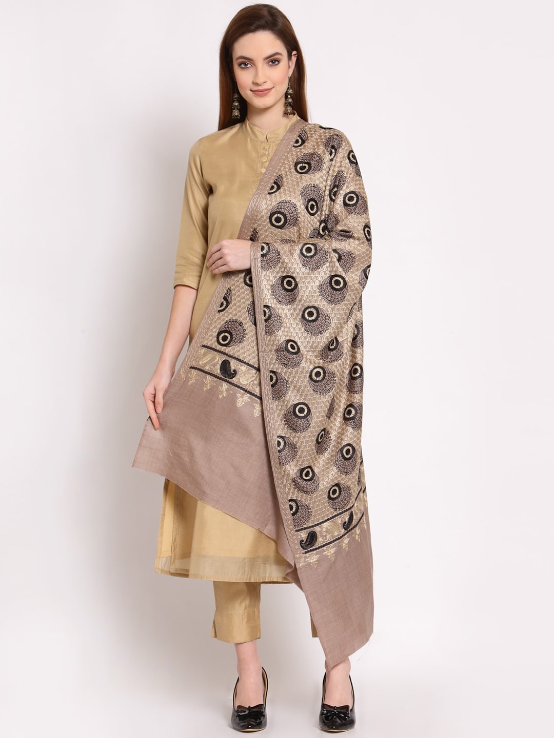 Anekaant Women Taupe & Black Ethnic Motifs Embroidered Woollen Shawl Price in India