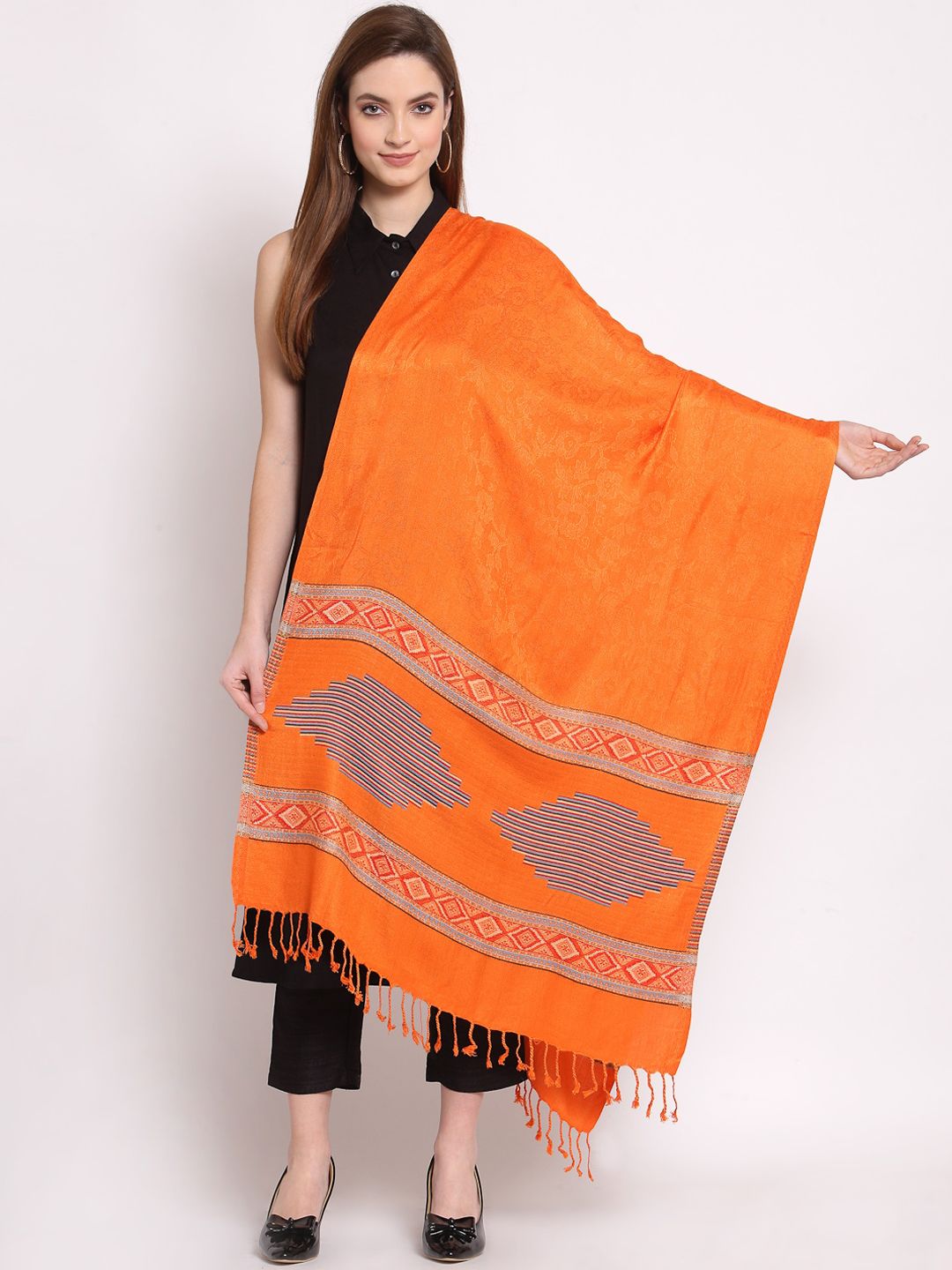 Anekaant Orange Geometrical Woven Design Viscose Shawl Price in India