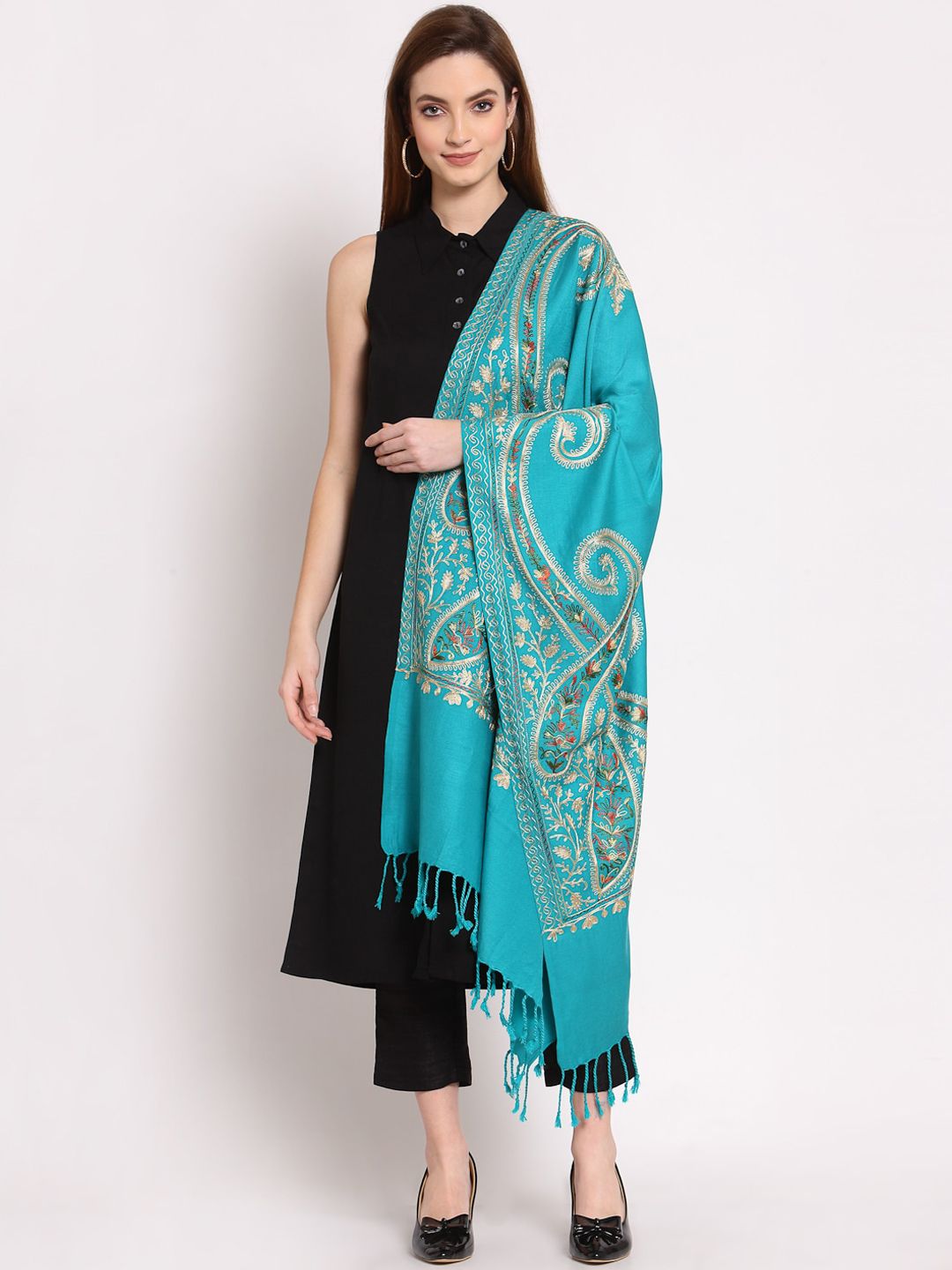 Anekaant Women Sea Green & Gold Toned Paisley Embroidered Acrowool Shawl Price in India