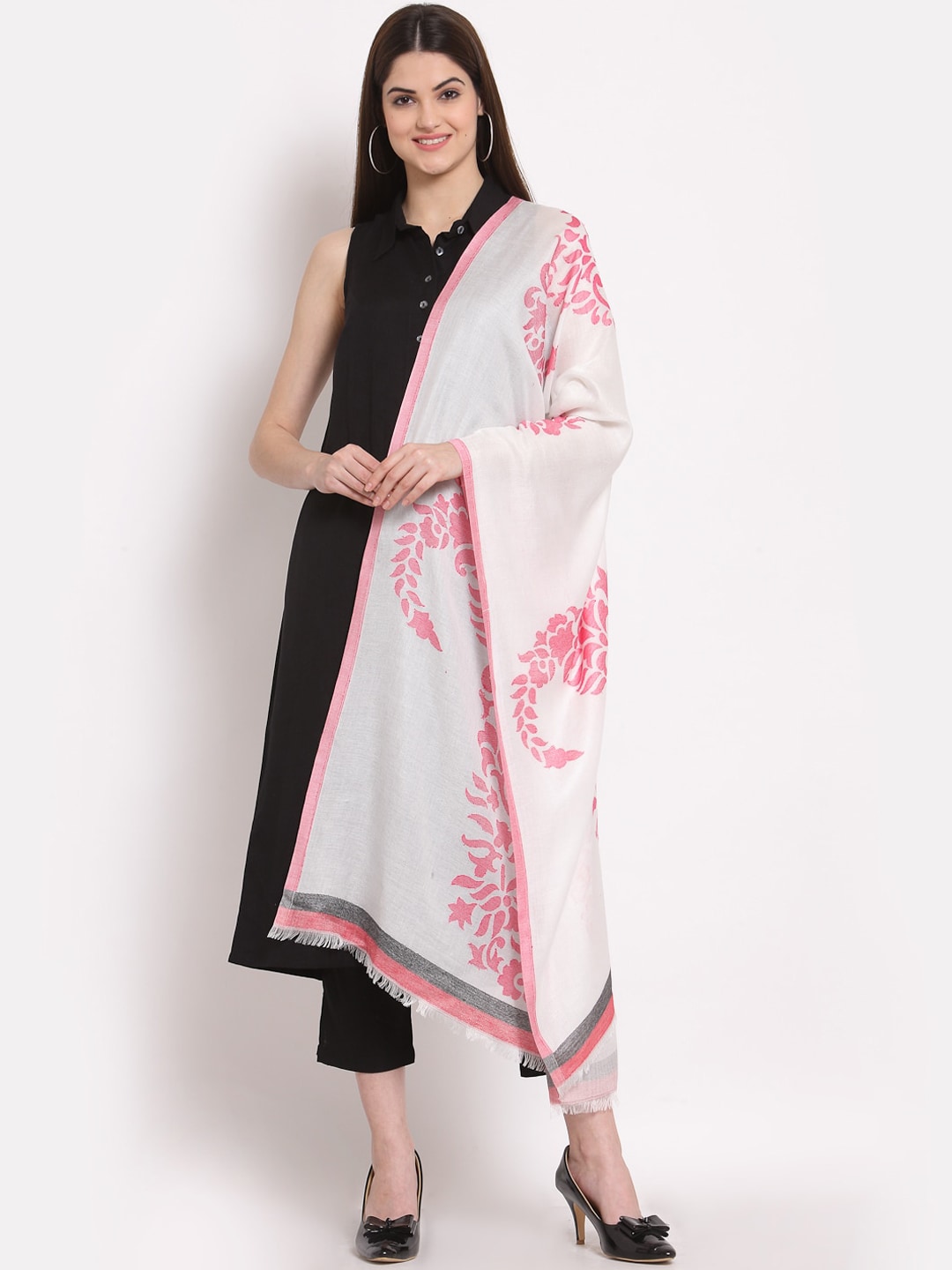 Anekaant Women White & Pink Woven-Design Woolen Shawl Price in India