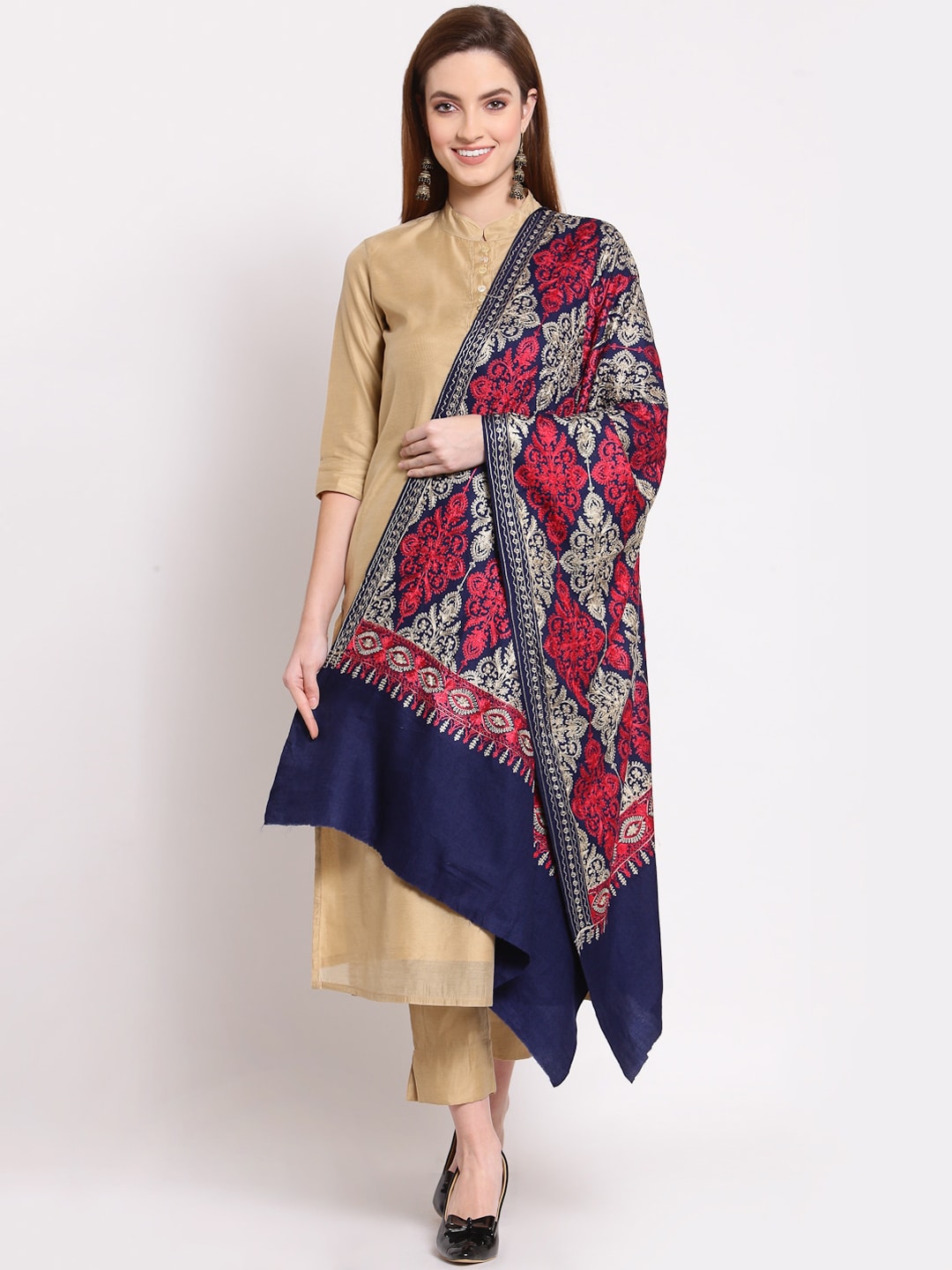 Anekaant Women Navy Blue & Red Ethnic Motifs Embroidered Woollen Shawl Price in India