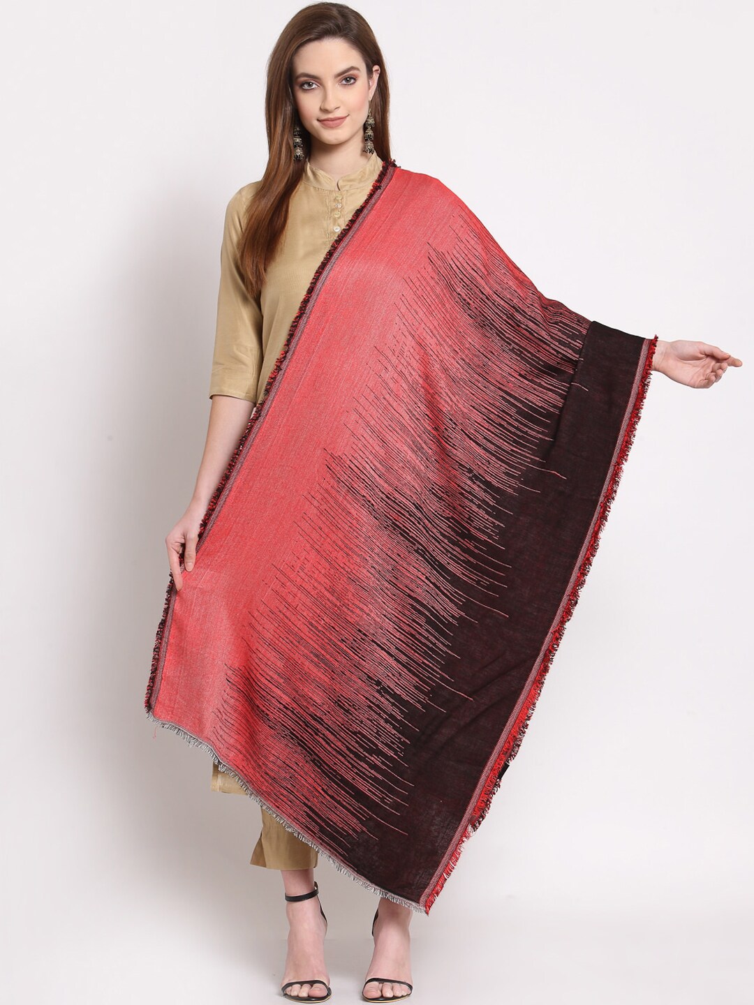 Anekaant Women Black & Red Striped Woven Design Shawl Price in India