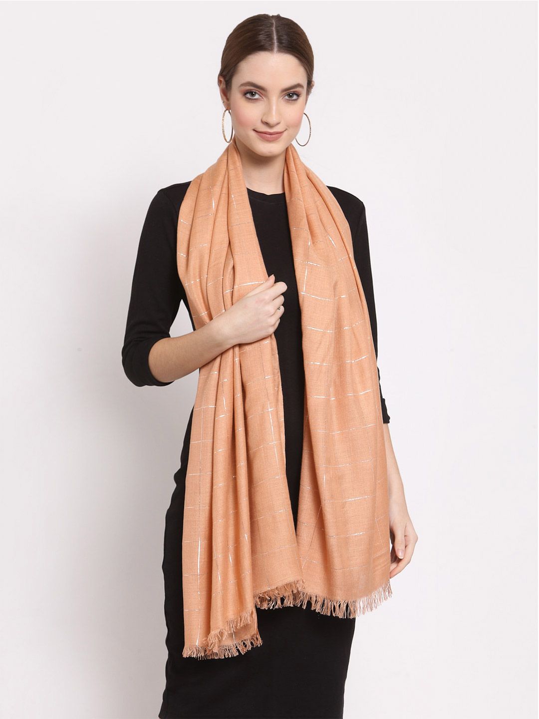 Anekaant Women Coral & Silver-Toned Woven Design Stole Price in India