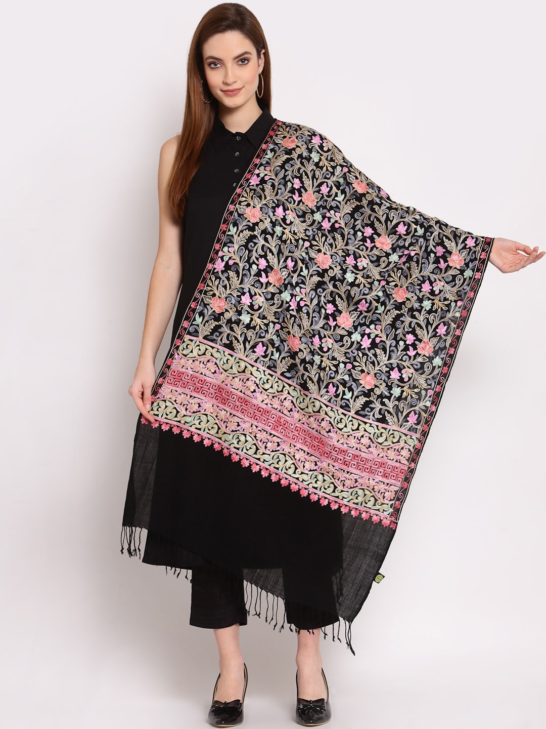 Anekaant Women Black & Pink Embroidered Woolen Shawl Price in India