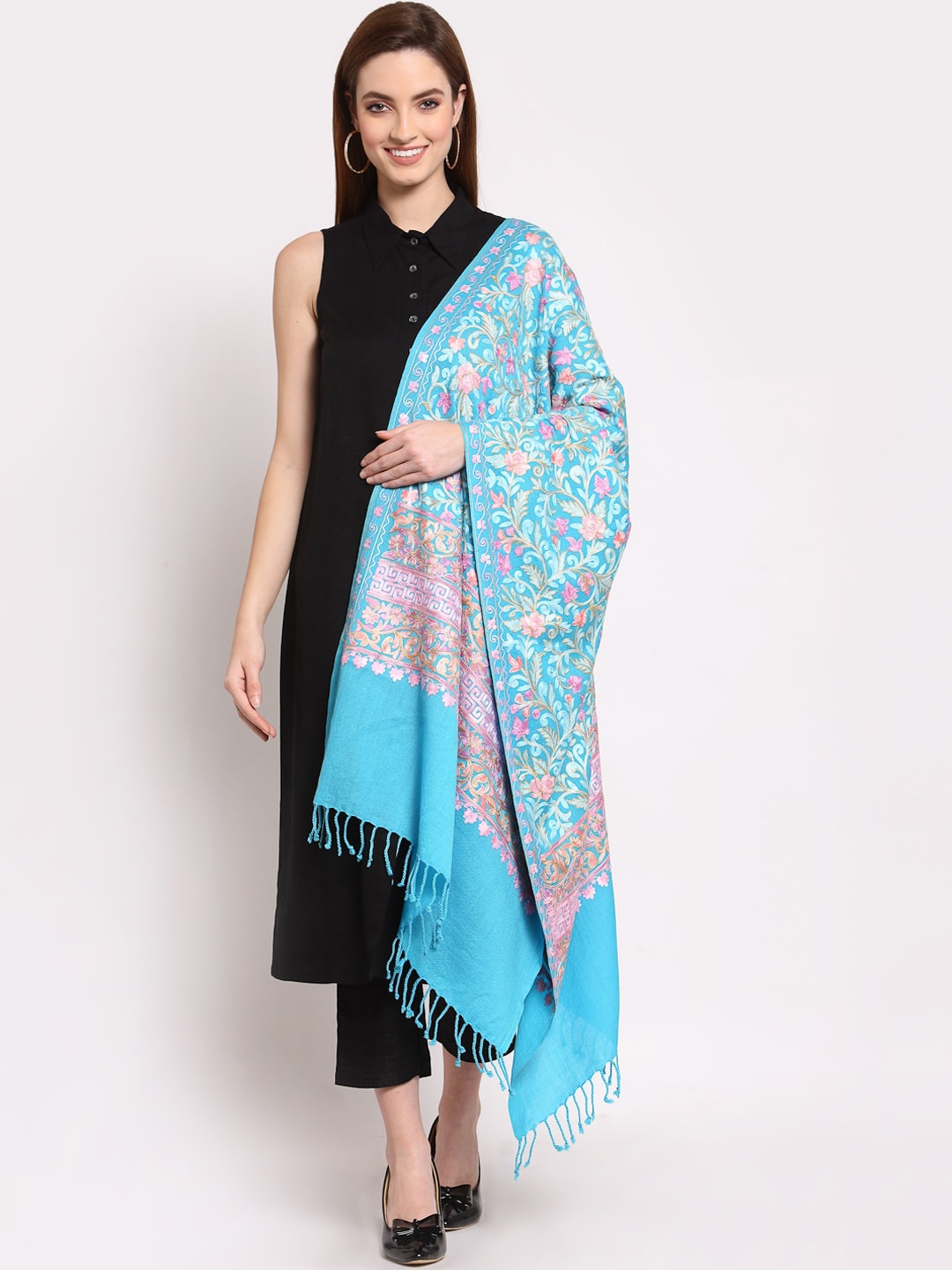 Anekaant Women Blue & Pink Embroidered Woollen Shawl Price in India