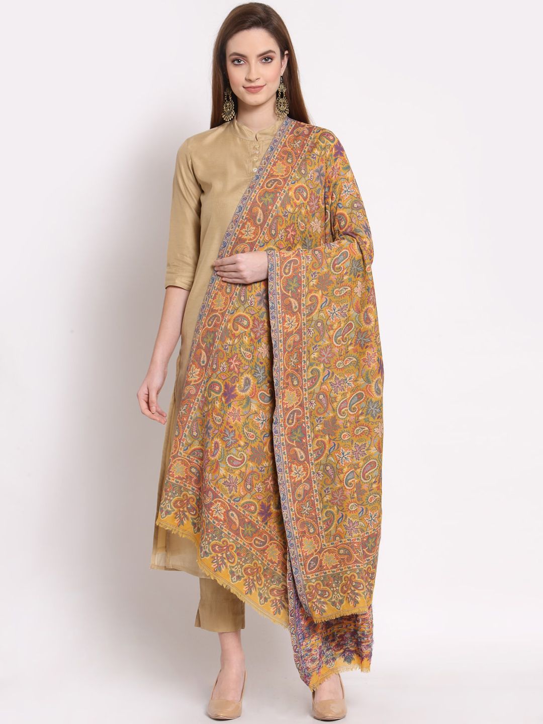 Anekaant Women Yellow & Blue Woven Design Woolen Shawl Price in India