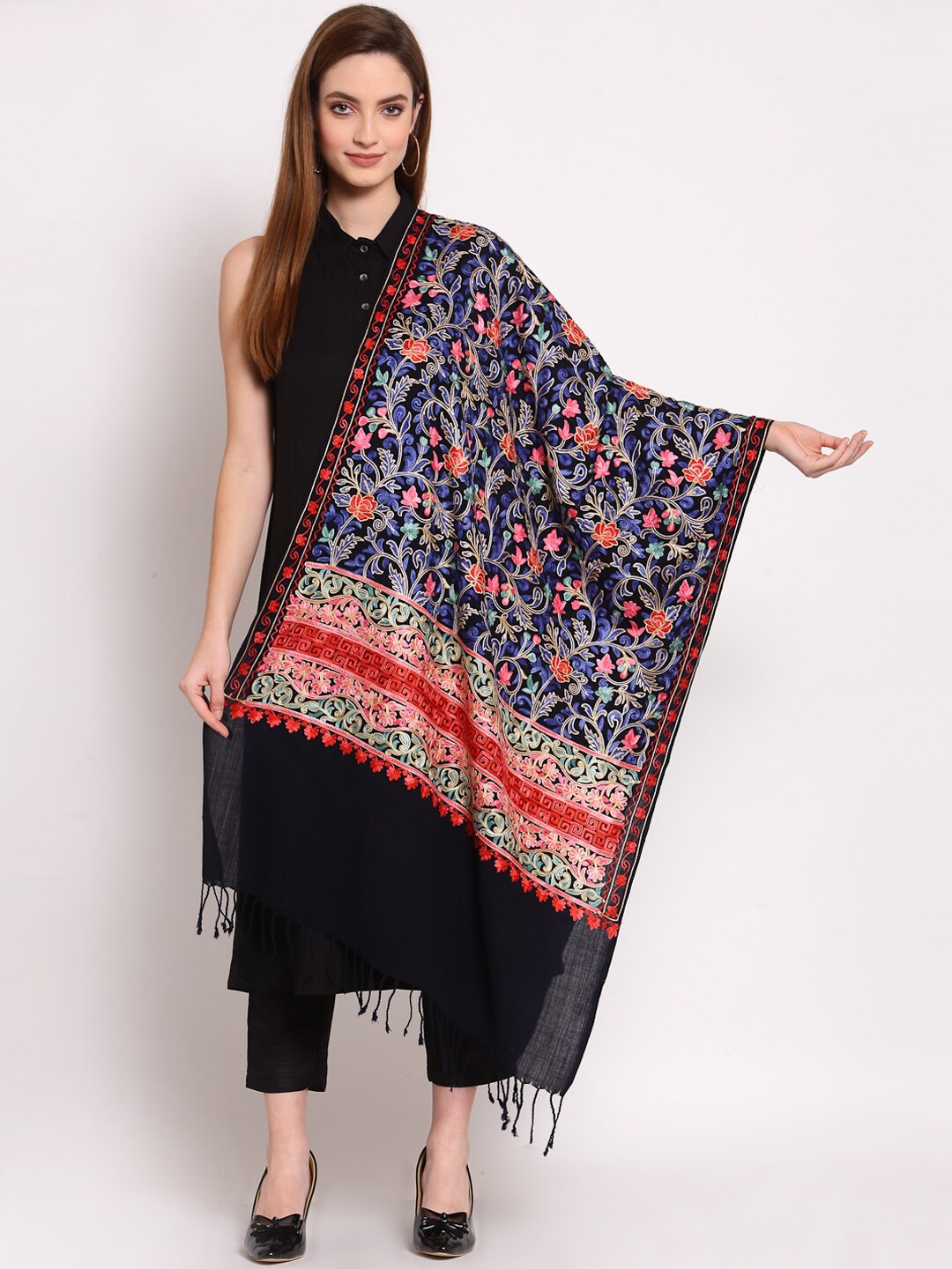 Anekaant Women Black & Blue Embroidered Woolen Shawl Price in India