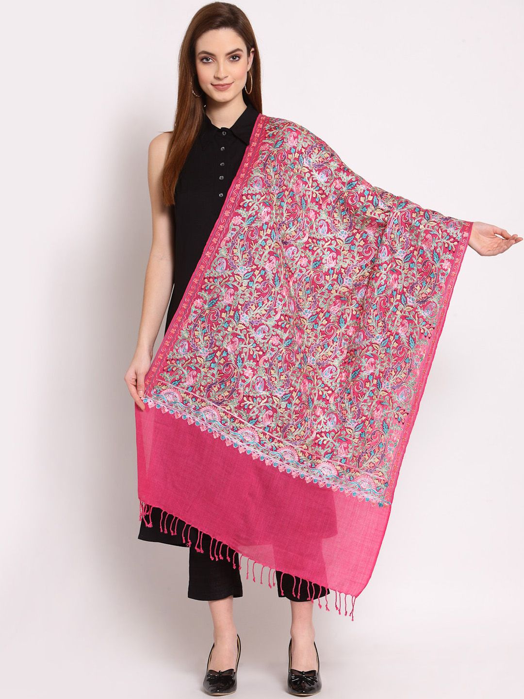 Anekaant Women Fuchsia Pink & Green Paisley Embroidered Woollen Shawl Price in India