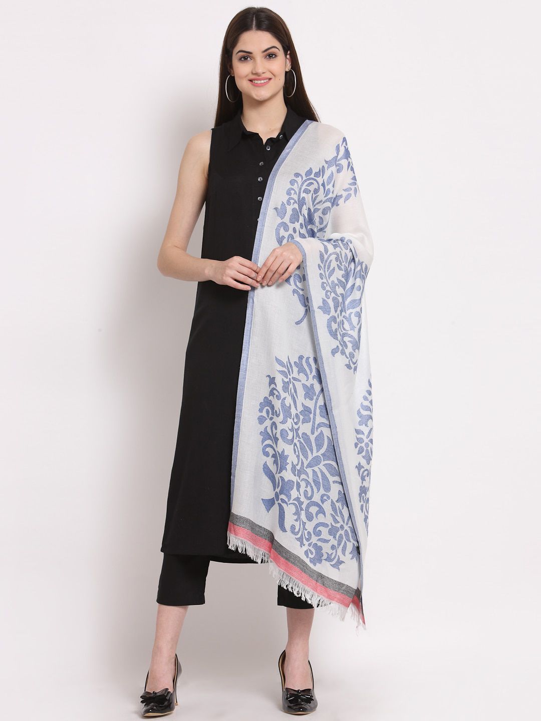 Anekaant Women White Woven Design Woolen Shawl Price in India