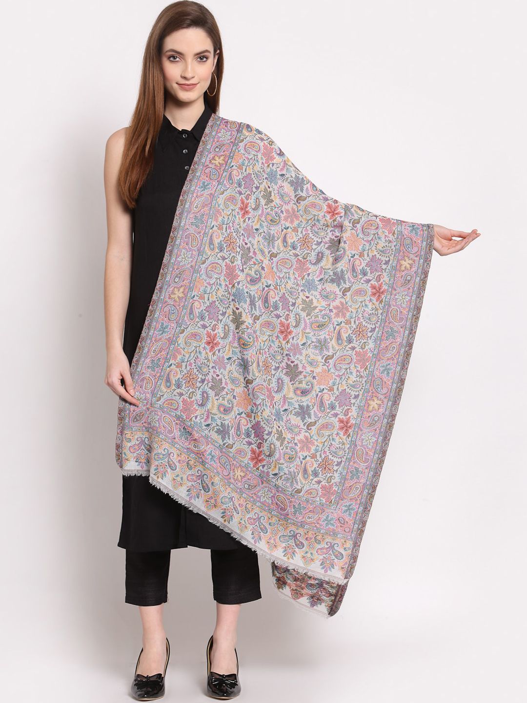 Anekaant Women White & Purple Woven-Design Woolen Shawl Price in India