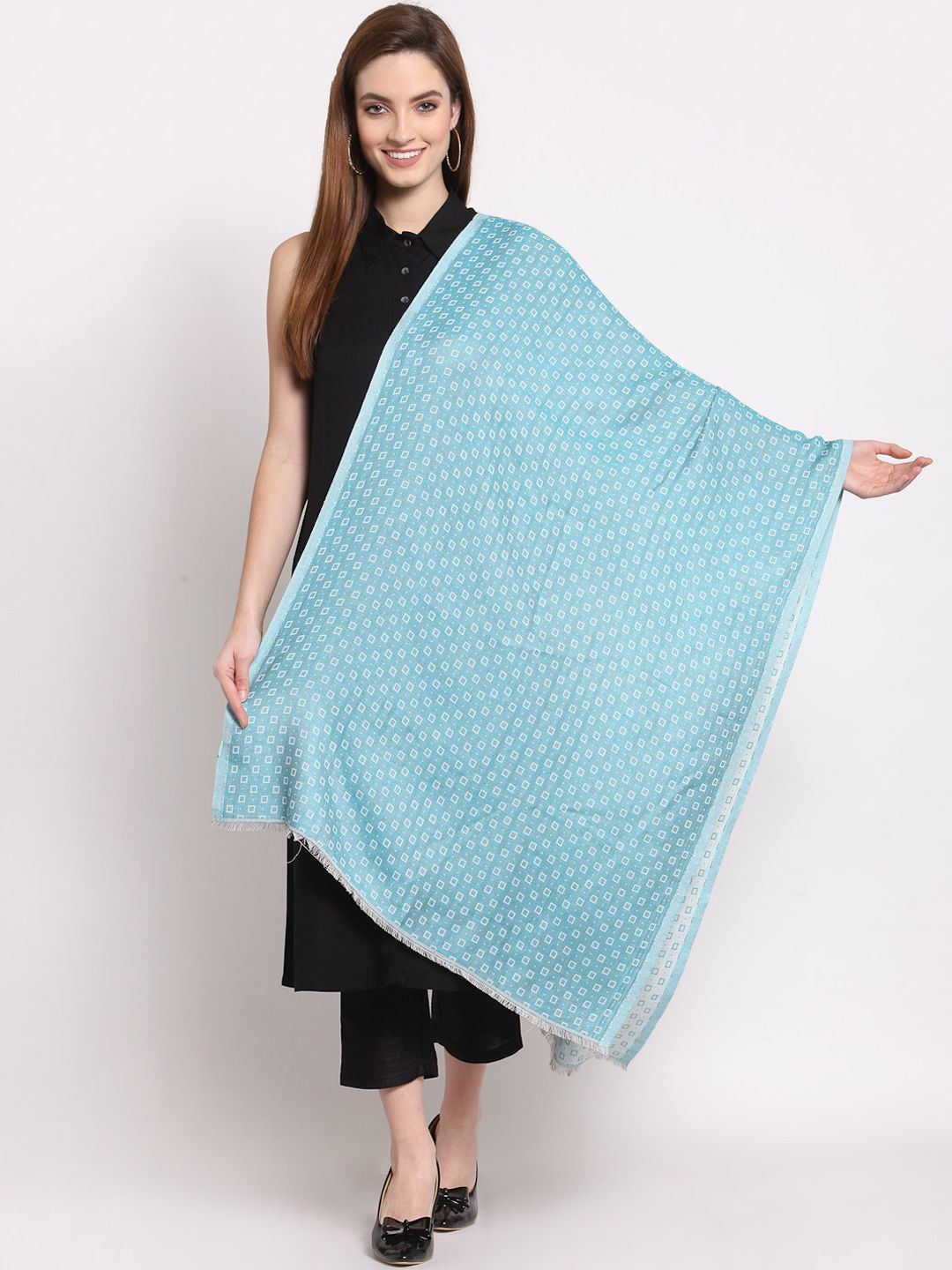 Anekaant Women Blue & White Geometric Woven Design Shawl Price in India