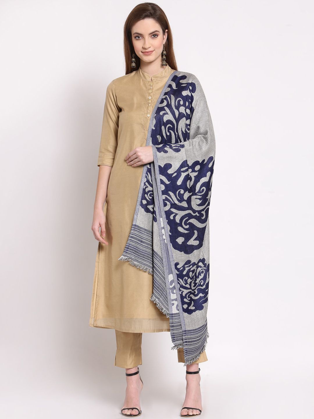 Anekaant Woman Navy Blue & White Woven Design Viscose Shawl Price in India