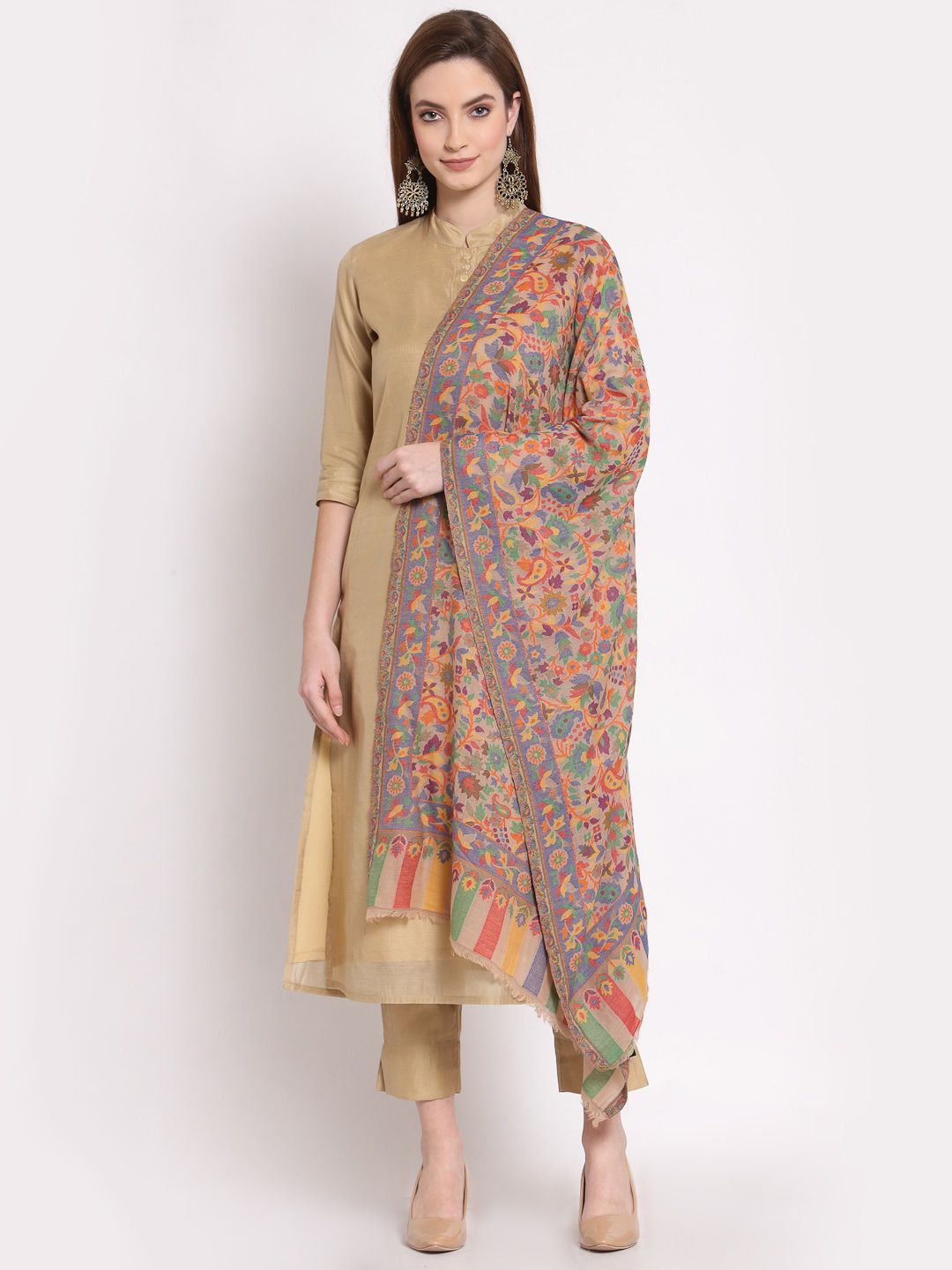 Anekaant Women Beige, Orange & Blue Woven-Design Woolen Shawl Price in India