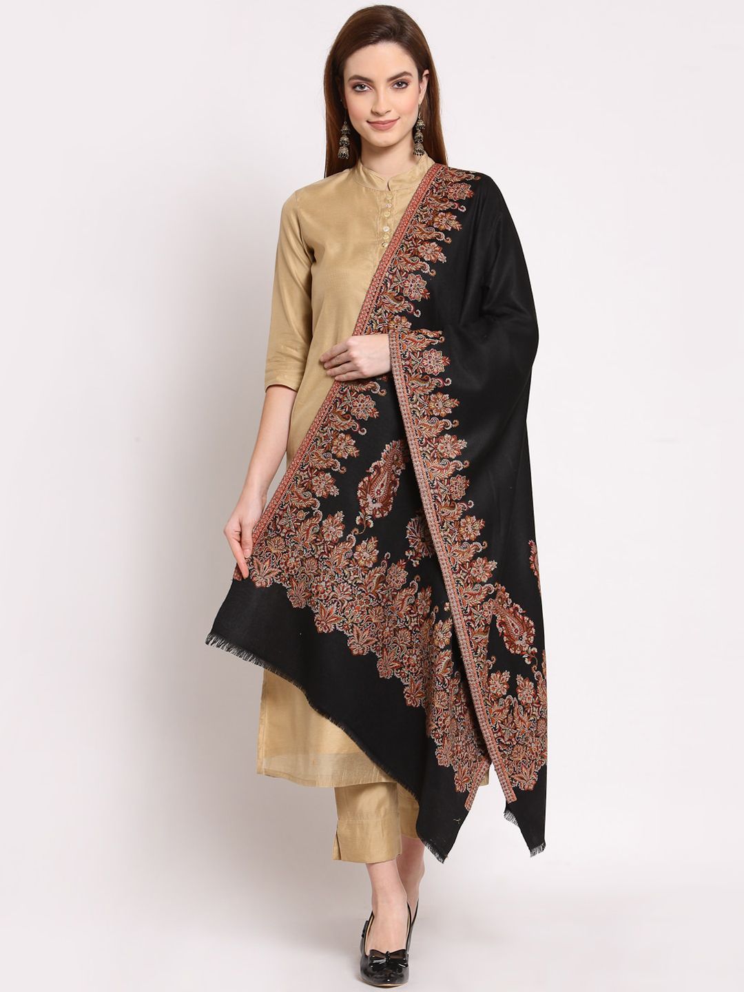Anekaant Women Black & Brown Woven-Design Woolen Shawl Price in India