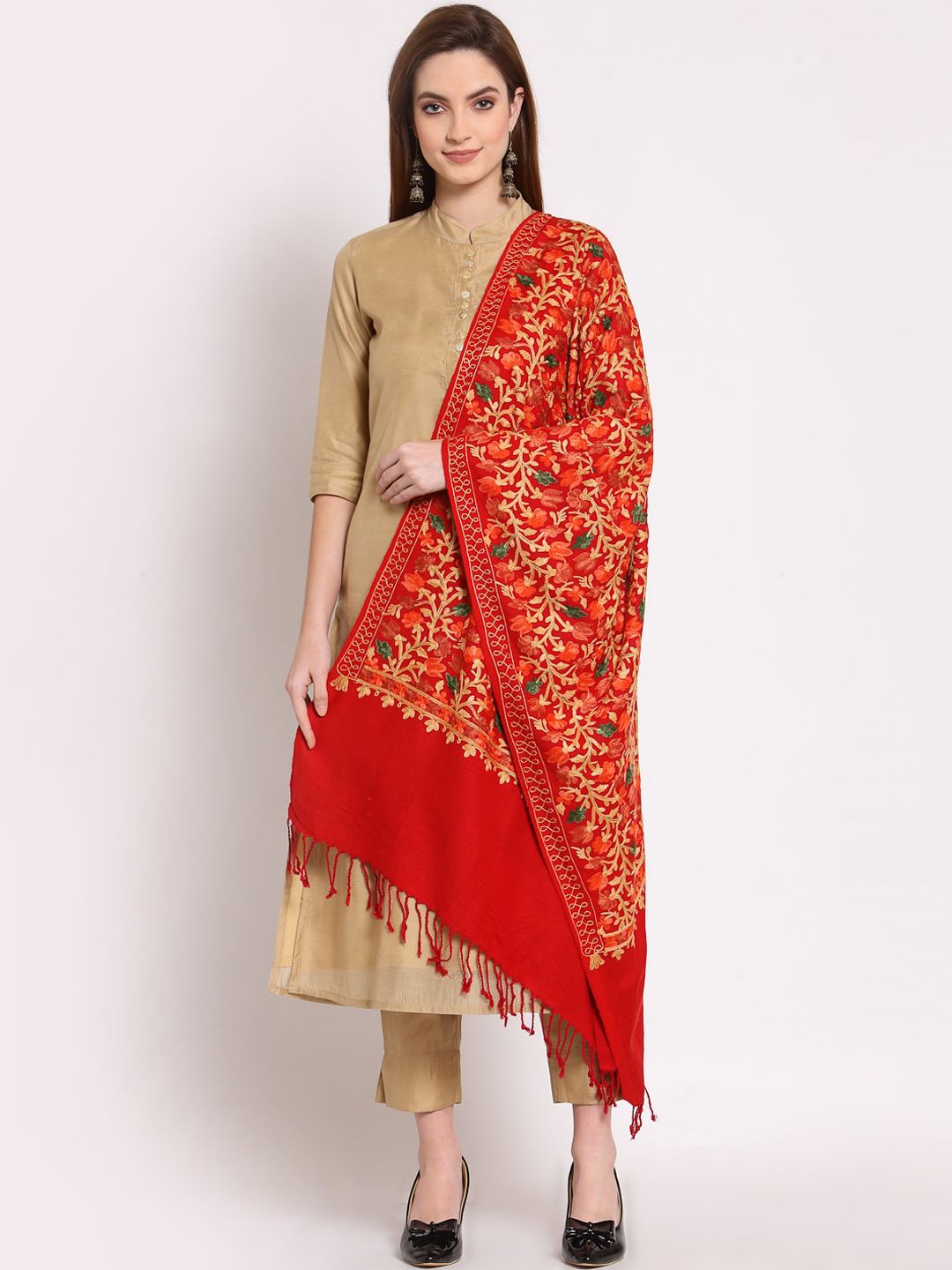 Anekaant Women Red & Beige Embroidered Woolen Shawl Price in India