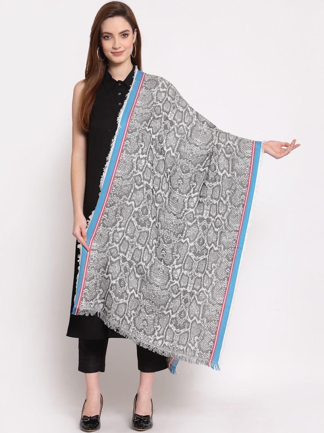 Anekaant Women Black & Grey Woven-Design Shawl Price in India