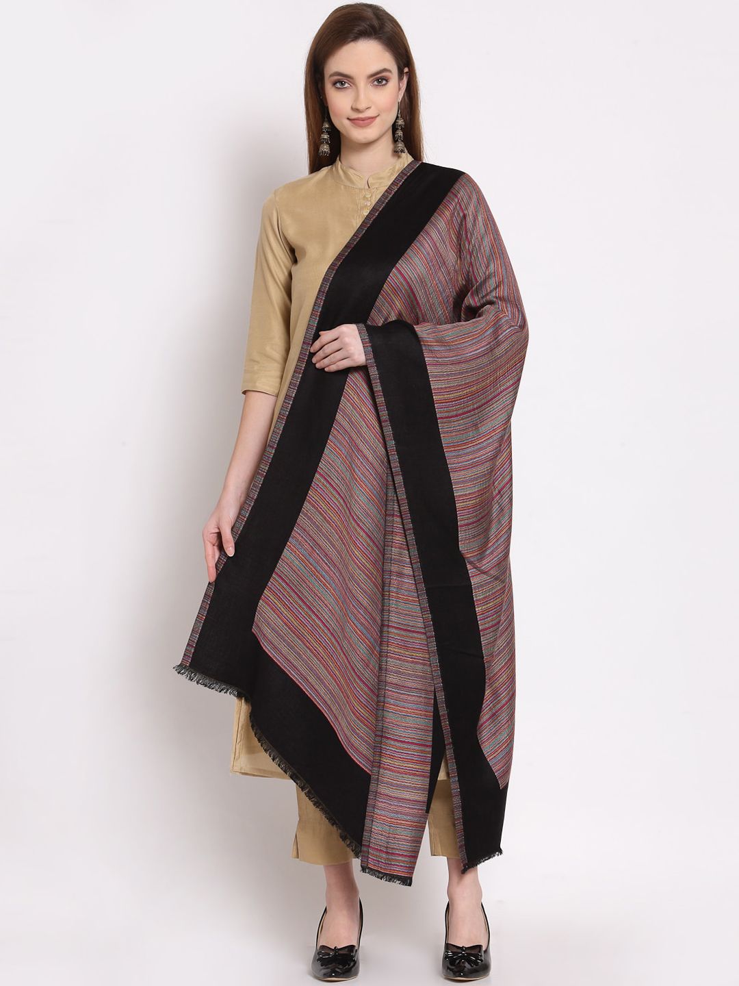 Anekaant Women Black & Red Striped Woven Design Shawl Price in India