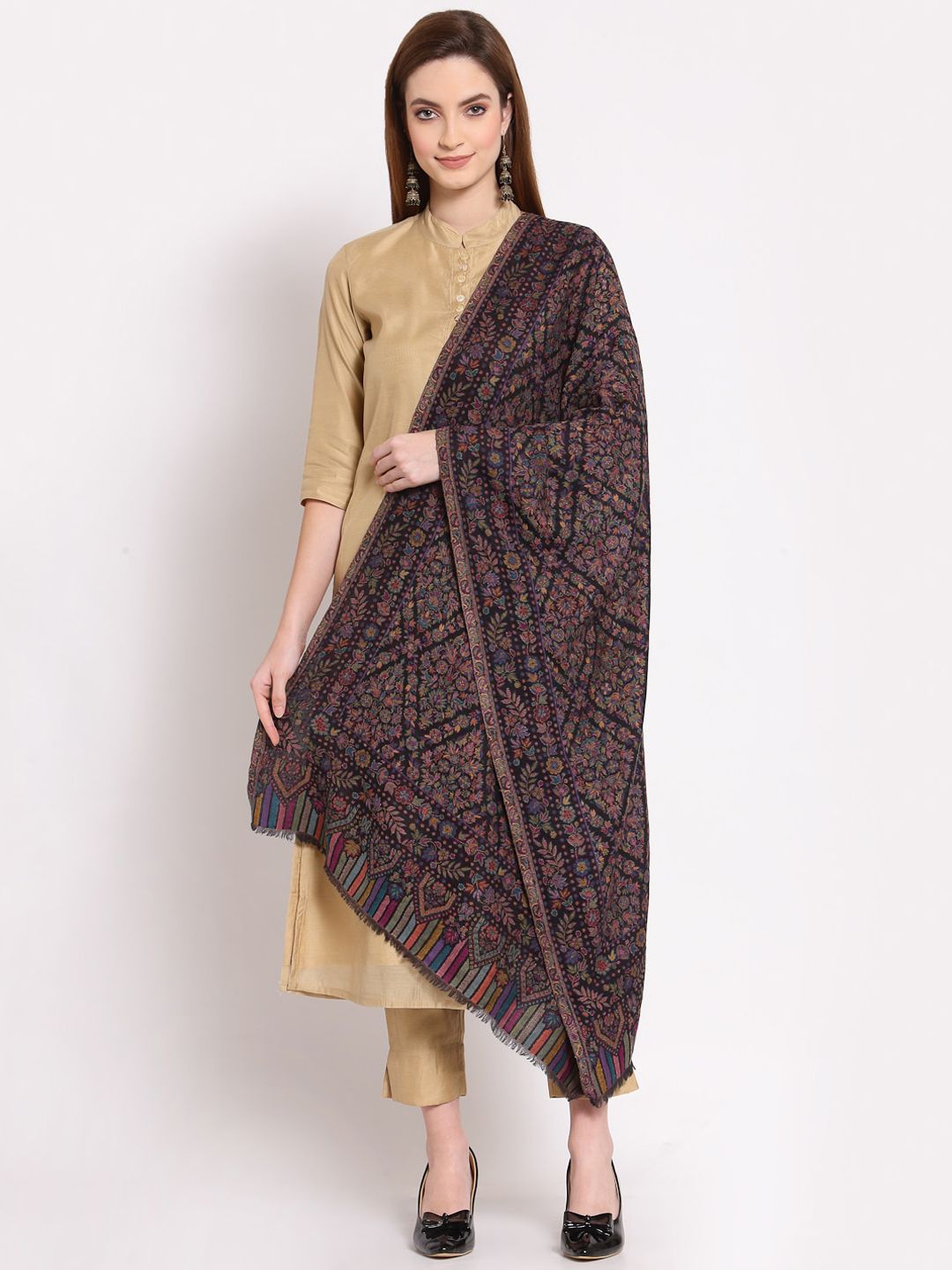 Anekaant Women Black Woven-Design Woolen Shawl Price in India
