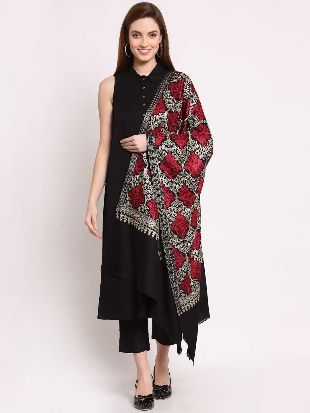 Anekaant Women Black & Maroon Ethnic Motifs Embroidered Woollen Shawl Price in India
