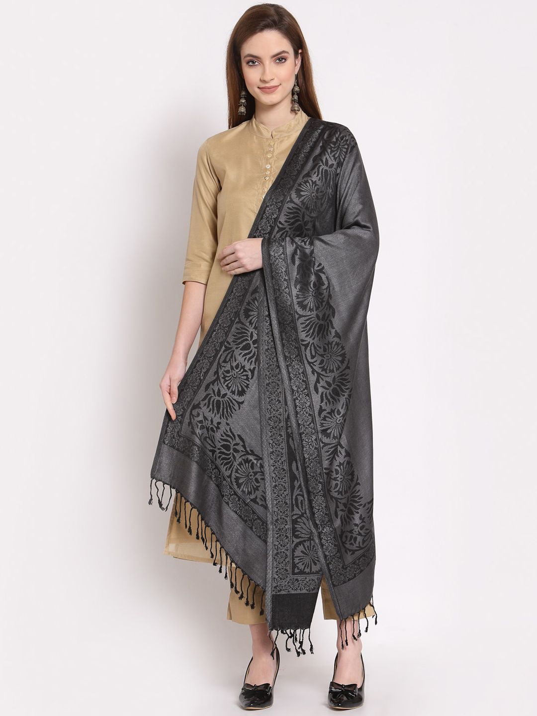 Anekaant Women Grey & Black Woven-Design Woollen Shawl Price in India