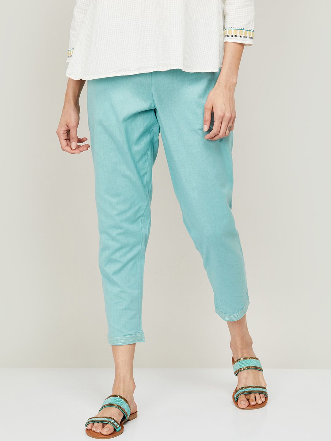 Melange by Lifestyle Women Turquoise Blue Cropped Cigerette Trousers Price in India