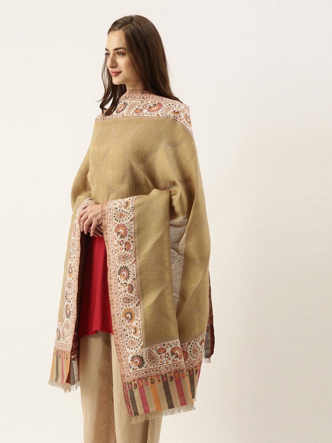 Pashmoda Women Beige Kaani Woven Design Shawl Price in India