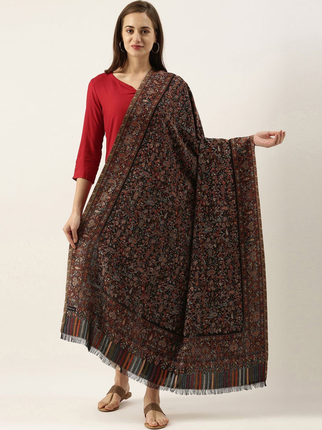 Pashmoda Women Black & Green Paisley Woven Design Shawl Price in India