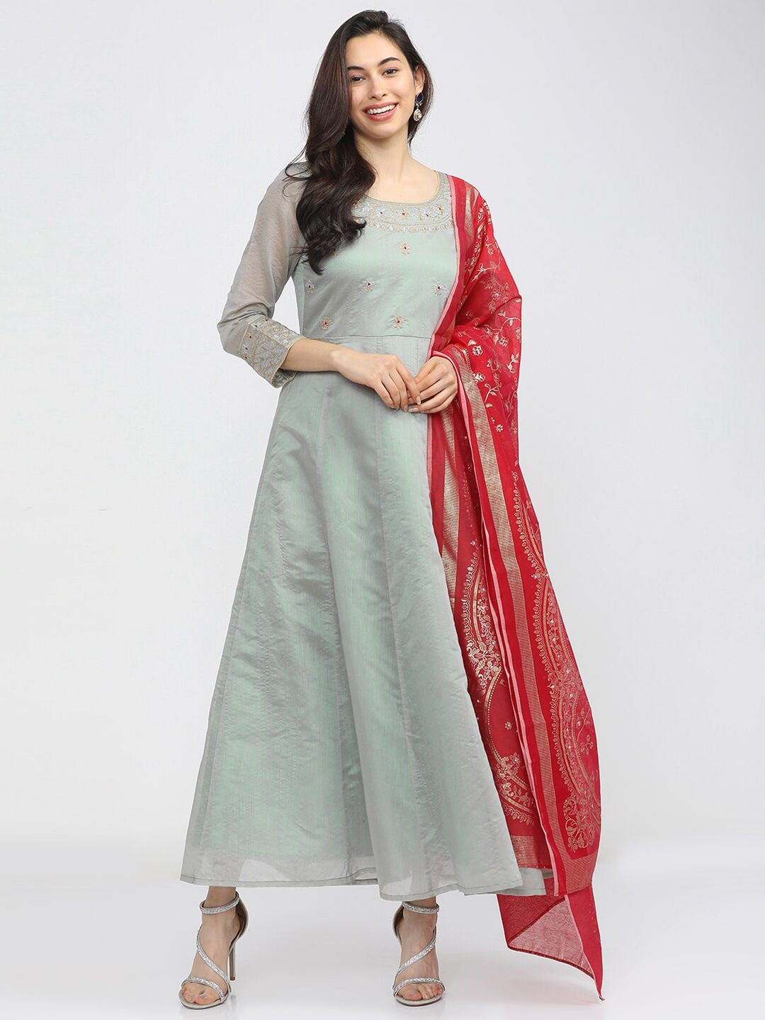 Vishudh Grey Floral Embroidered Ethnic Maxi Dress Price in India