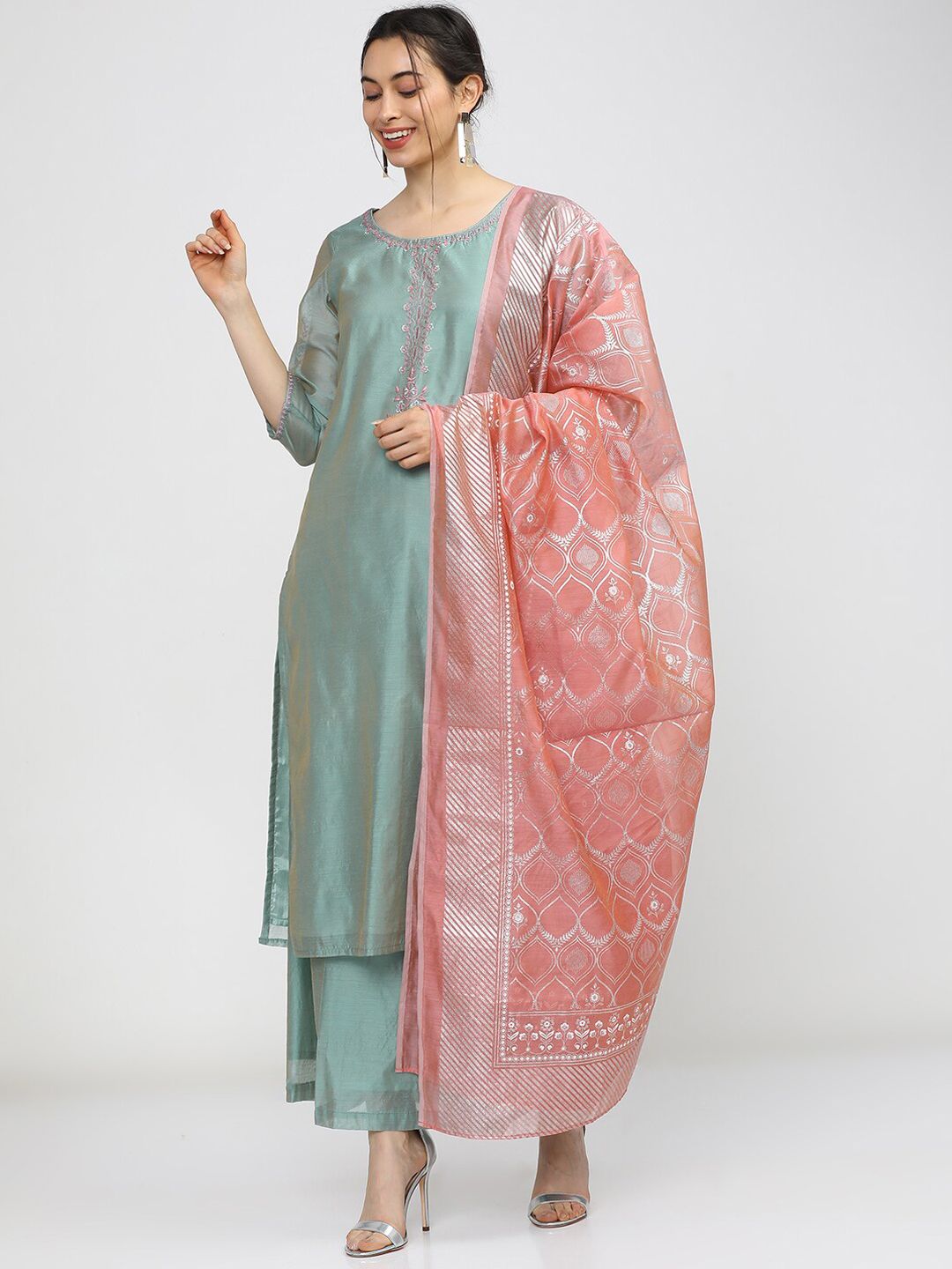 Vishudh Women Blue & Pink Regular Kurta with Trousers & Dupatta Price in India