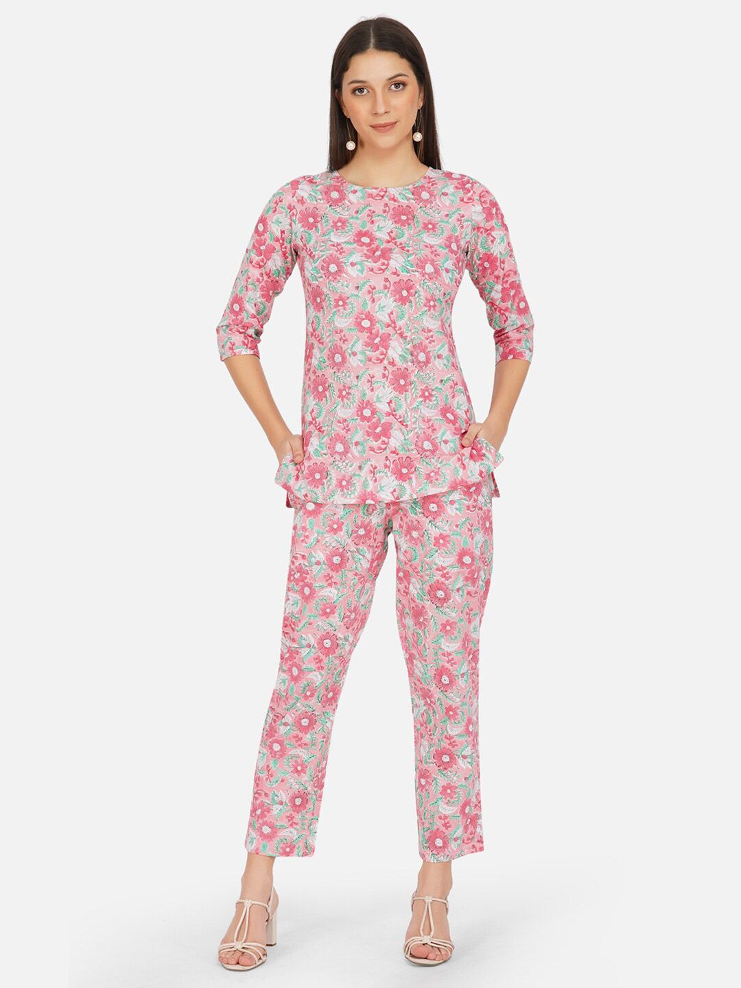 FABNEST Women Pink & White Printed Pure Cotton Tunic with Pyjamas Price in India