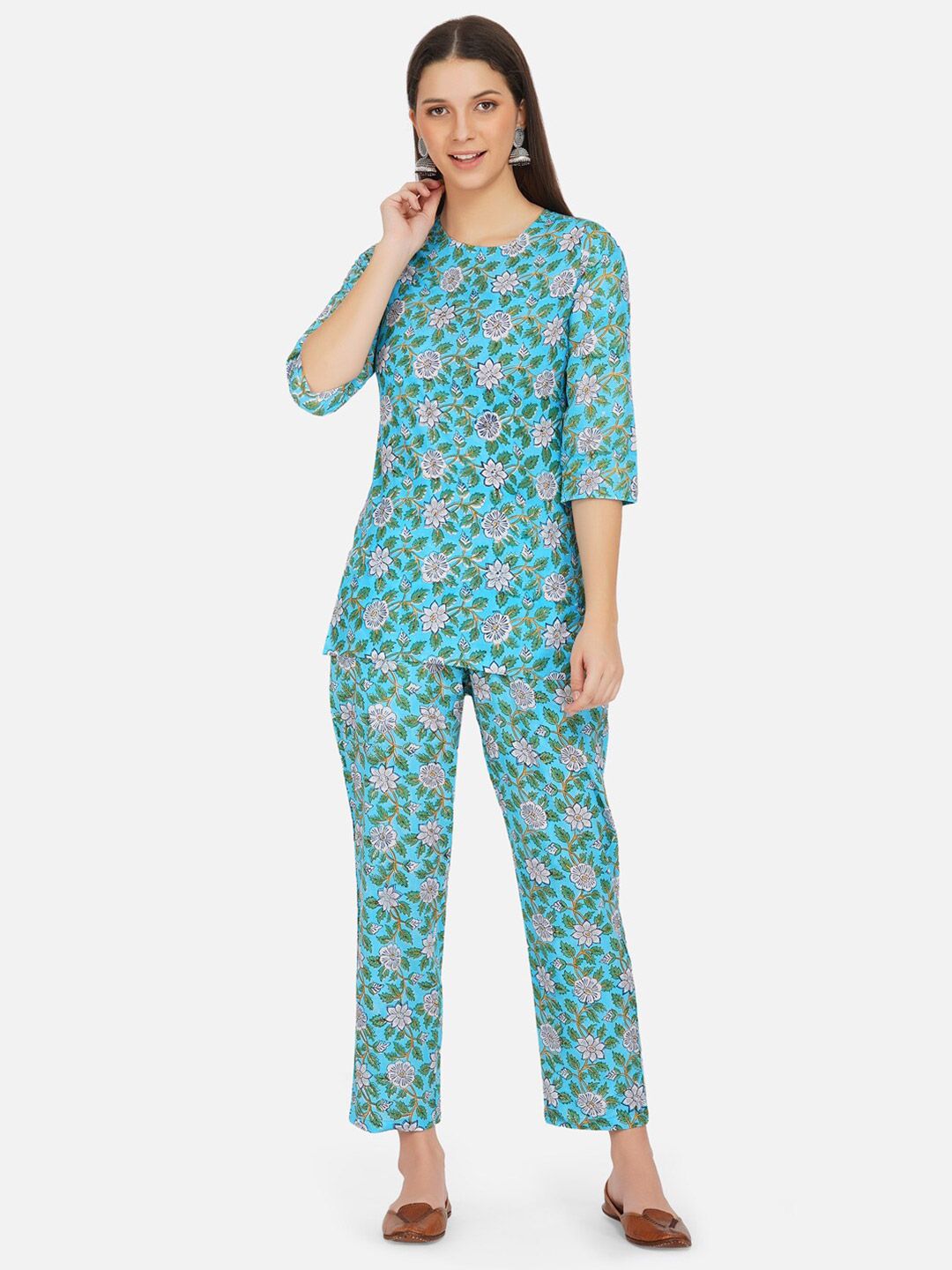 FABNEST Turquoise Blue & Pink Floral Printed Pure Cotton Co-Ords Price in India