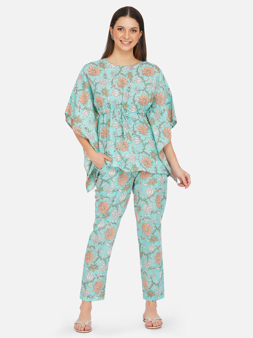 FABNEST Women Sea Green & Coral Pure Cotton Printed Tunic with Pyjamas Price in India