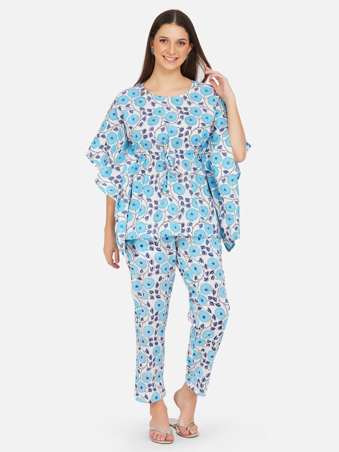 FABNEST Women Blue & white Pure Cotton Floral Printed Kaftan Tunic with Trousers Price in India