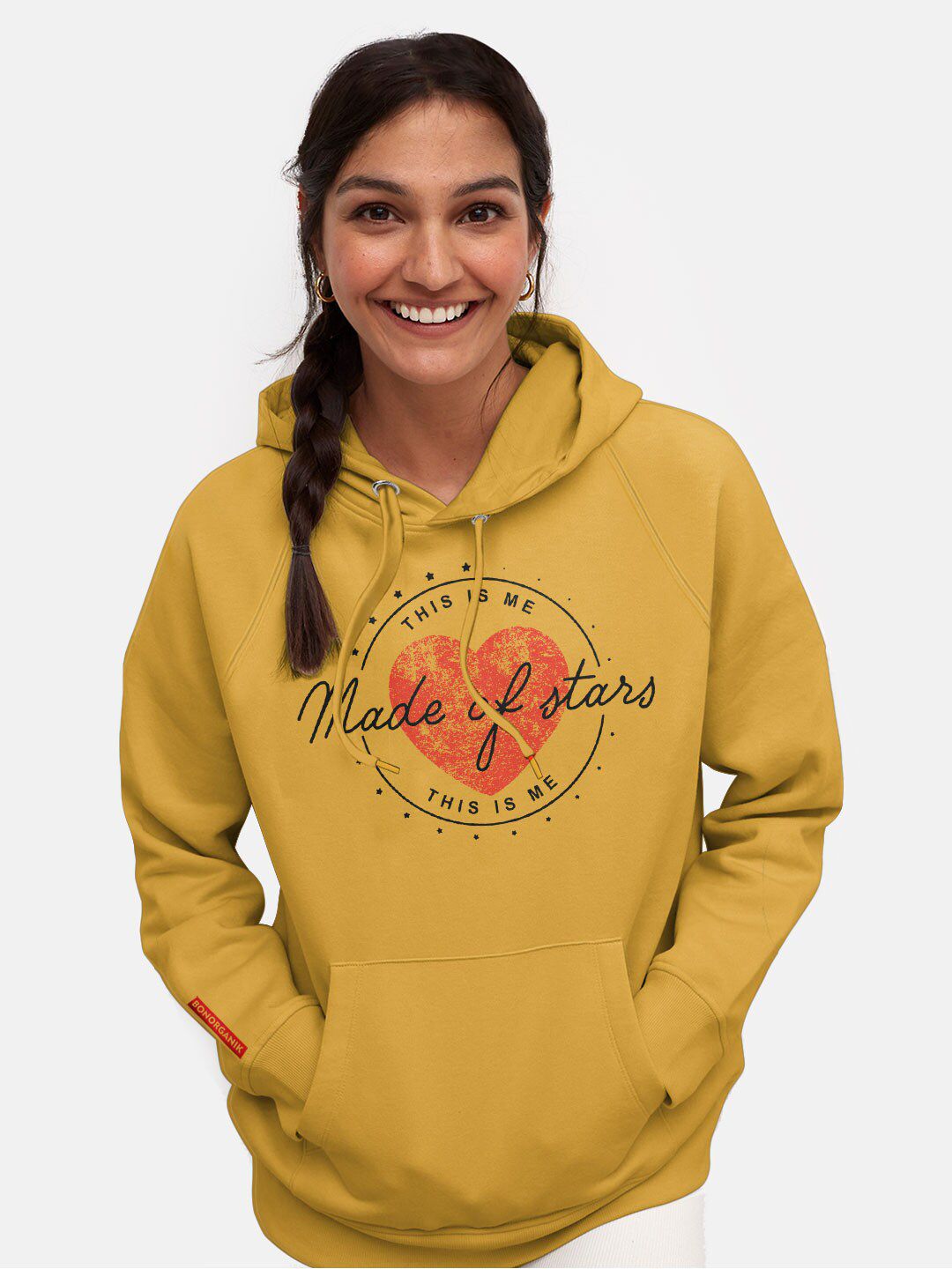 BonOrganik Women Mustard Printed Hooded Sweatshirt Price in India