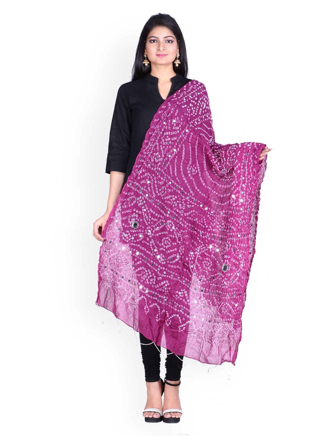 SOUNDARYA Purple Bandhani Print Sequinned Dupatta Price in India