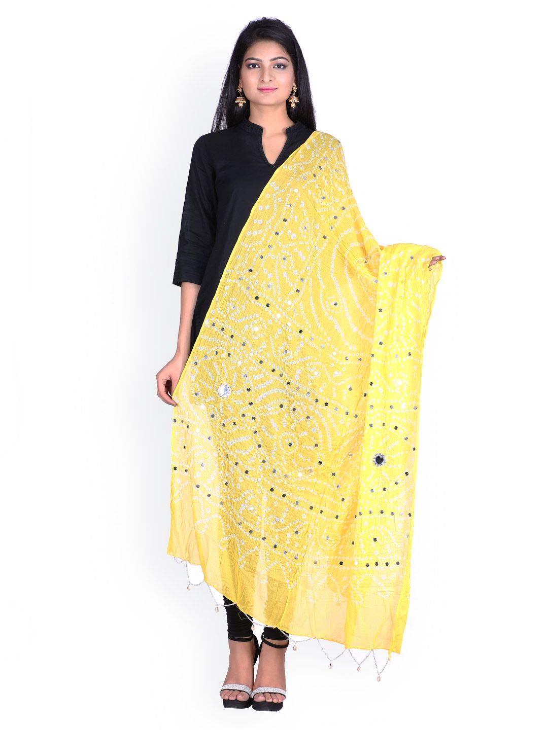 SOUNDARYA Yellow Bandhani Print Sequinned Dupatta Price in India
