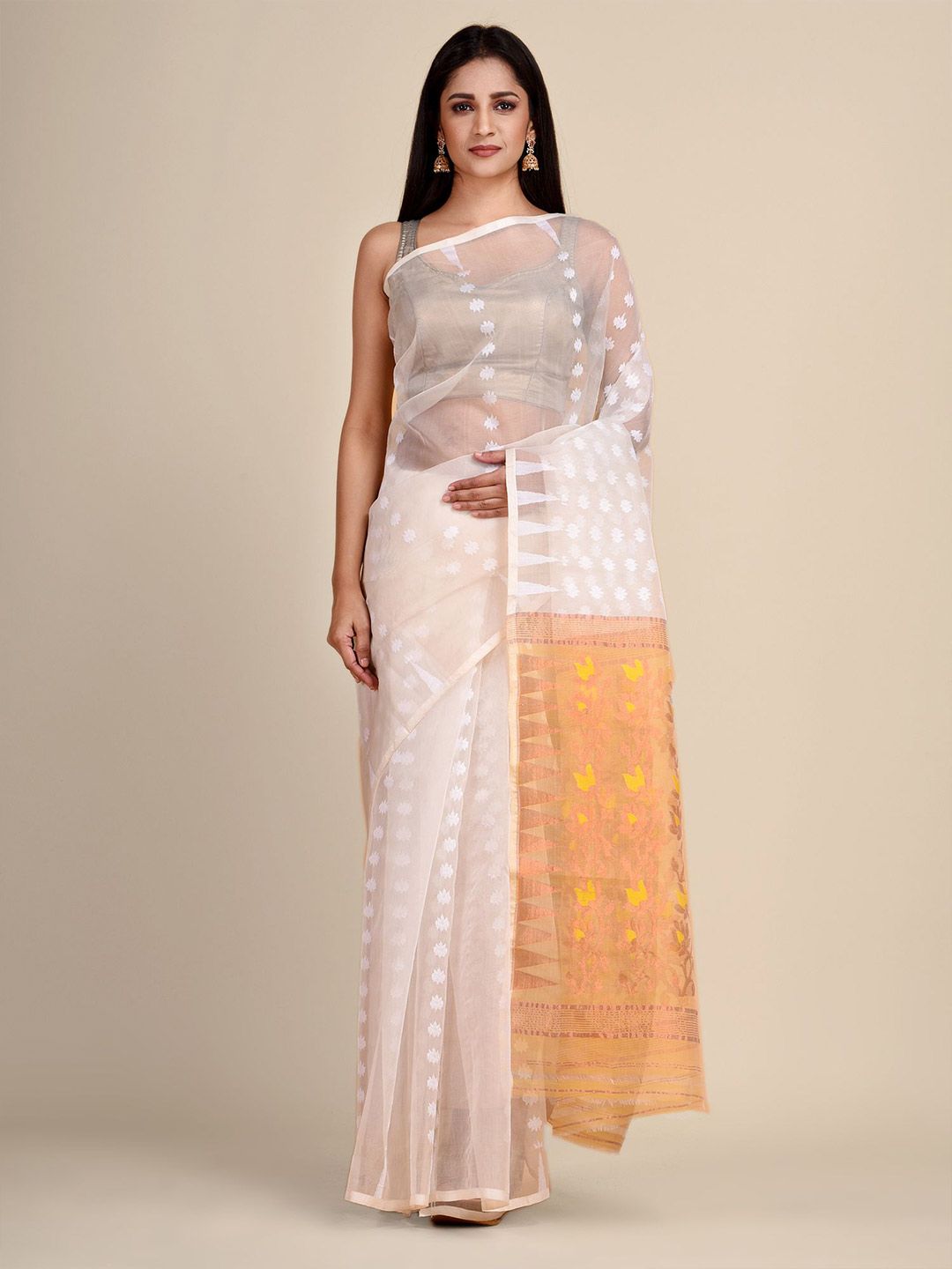 Arhi White & Orange Woven Design Silk Blend Saree Price in India